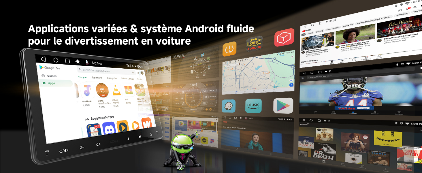 Le texte se lit comme suit : « Applications voitures & système Android fluide pour le divertissement en voiture ». Écran montrant l'interface du système de divertissement automobile avec diverses applications.