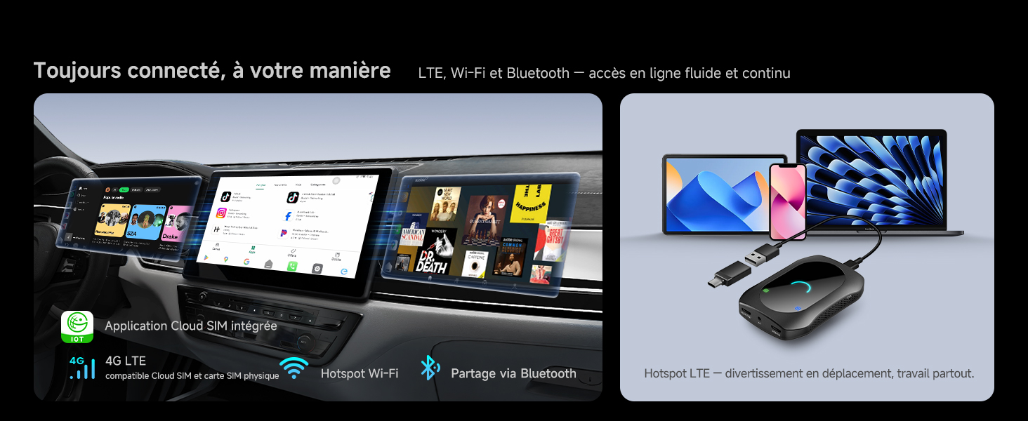 Le texte se lit comme suit : « Toujours connecté, à votre manière ». Plusieurs écrans d'ordinateur affichant l'interface logicielle et les fonctionnalités de connectivité.