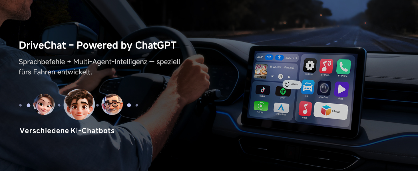 Dunkel getöntes digitales Schnittstellendisplay mit Multimediasteuerungen und Benutzersymbolen in der Armaturenbrett- oder Unterhaltungssystemeinstellung des Fahrzeugs.