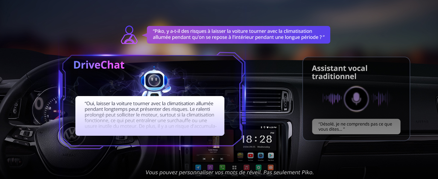 affichant la fonction « DriveChat » avec des accents de néon violets. Affiche l'interaction de l'assistant AI et l'affichage de l'heure de 18:28.
