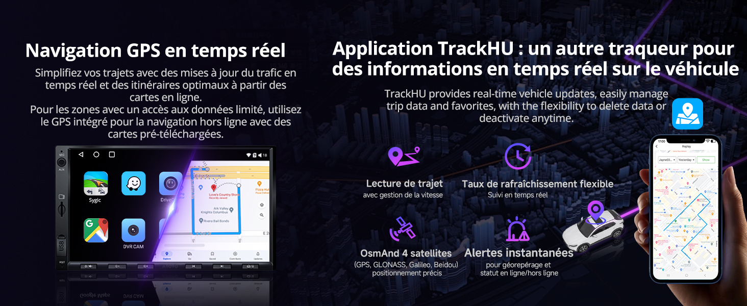 Image en écran partagé montrant l'interface de navigation GPS sur l'écran de la voiture et l'application pour smartphone avec fonctions de suivi en temps réel. Le texte français décrit les fonctionnalités de navigation et de suivi des véhicules.
