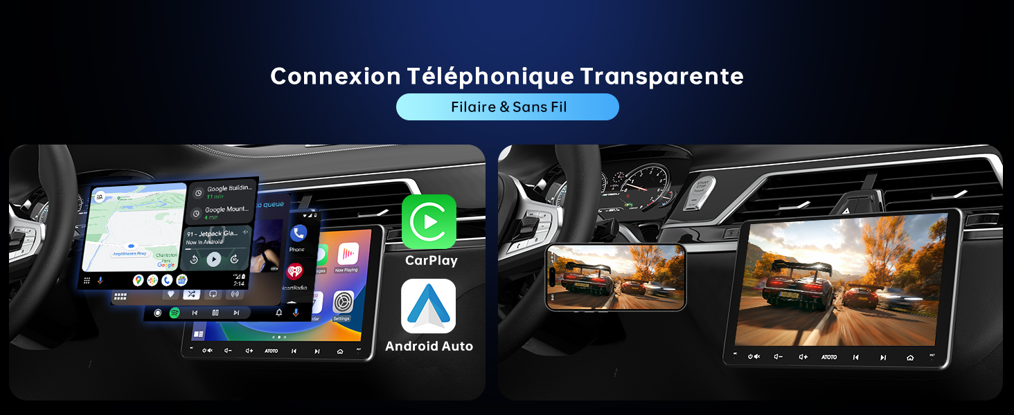 Image fractionnée des écrans du tableau de bord de la voiture. Le côté gauche montre un grand écran tactile avec des icônes de navigation et d'applications. Le côté droit représente deux écrans de divertissement assis à l'arrière où l'on joue à un jeu de course