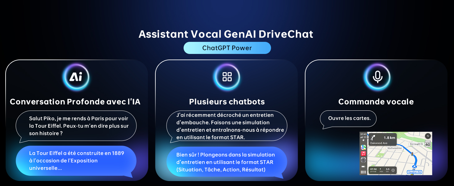 Interface sombre présentant les fonctionnalités de l'assistant IA : conversation avec l'IA, plusieurs chatbots et commandes vocales. L'interface affiche du texte en français et des icônes représentant chaque fonctionnalité.