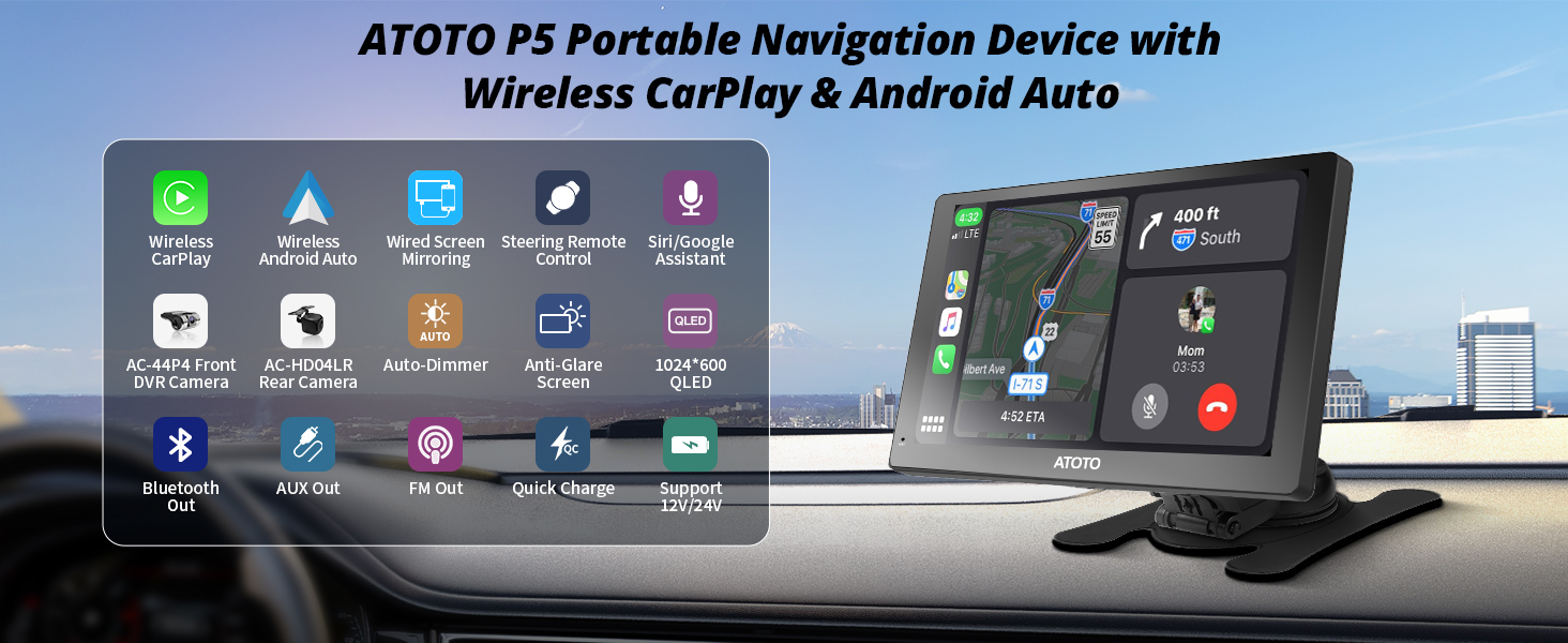 ATOTO P5 Portable Navigation Device with Wireless CarPlay & Android Auto