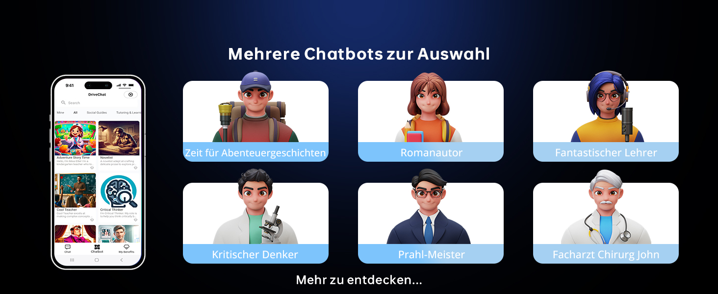 Der Text lautet „Mehrere Chatbots zur Auswahl“. Die Oberfläche des Mobiltelefons zeigt Chat-Avatare in einem Rasterlayout mit verschiedenen animierten Charakteren, die verschiedene Chatbot-Optionen repräsentieren.