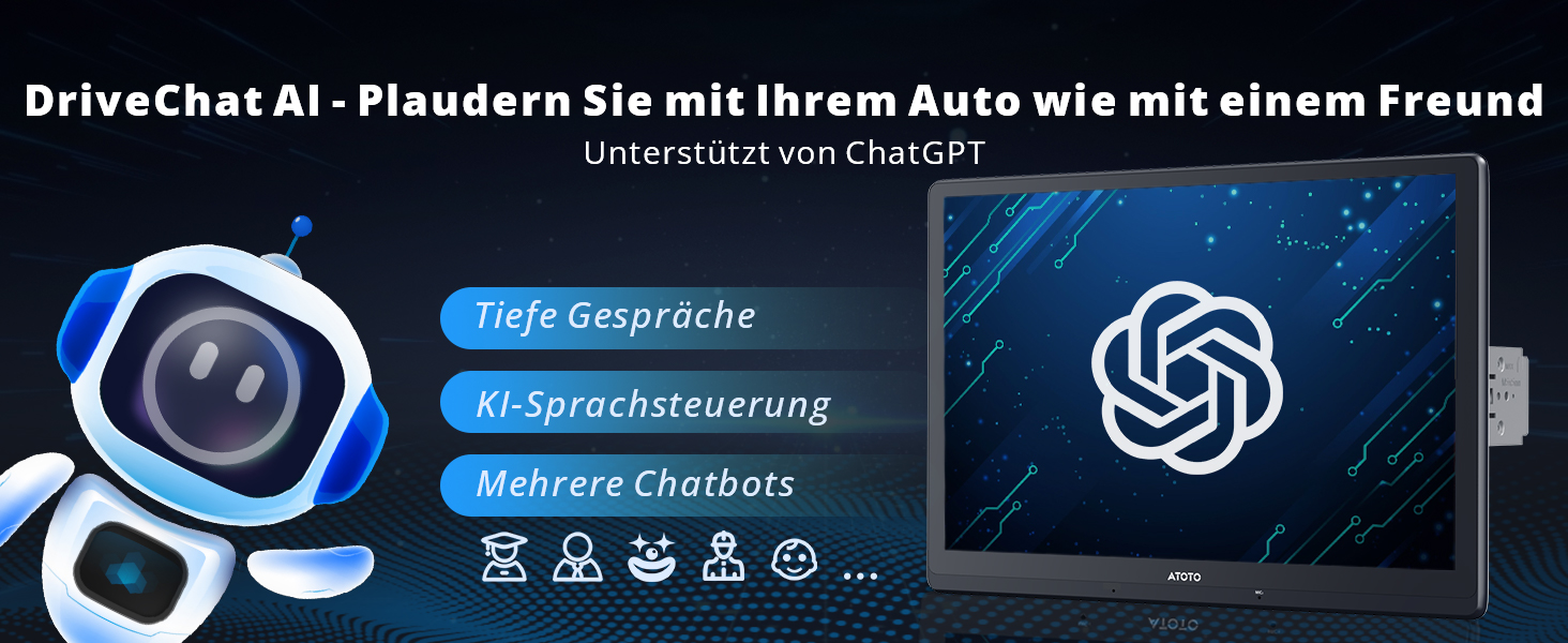 Screenshots der Benutzeroberfläche der Anwendung „DriveChat AI“, die blauen und weißen Menübildschirme mit deutschem Text zeigen.