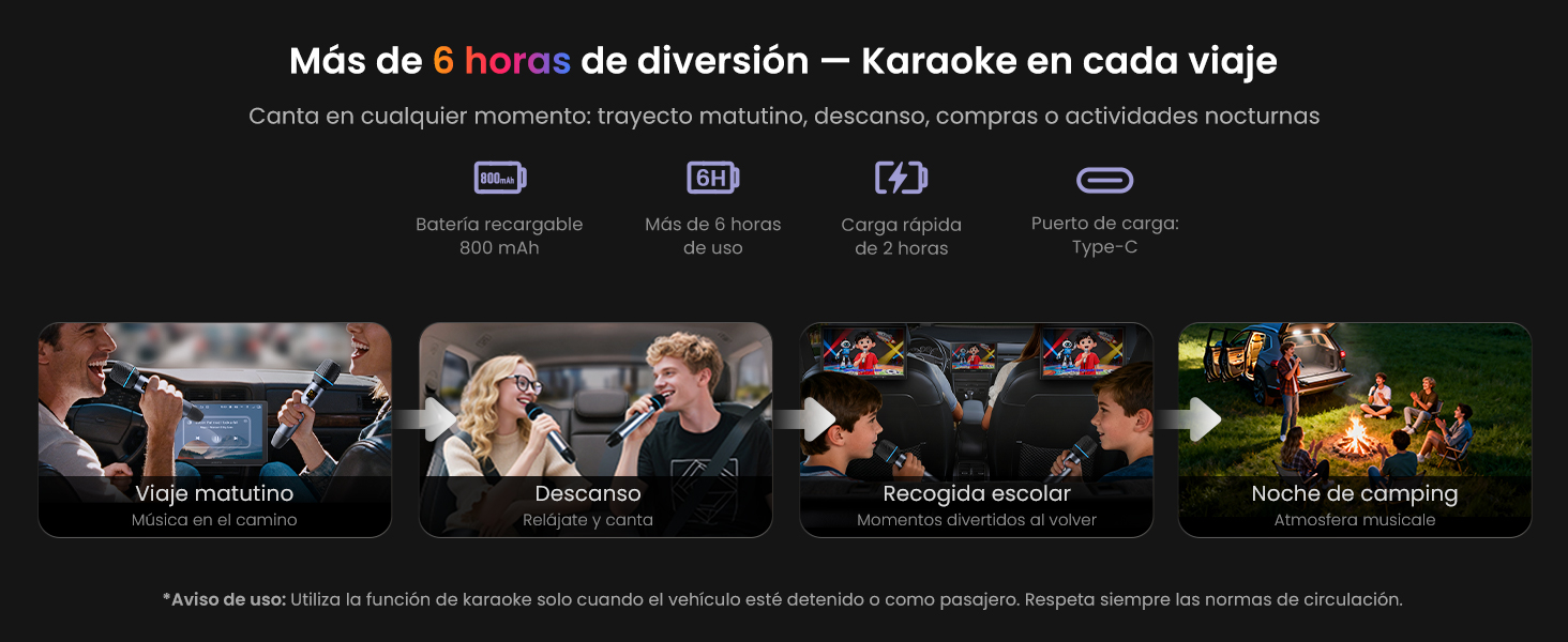 El texto dice: «Más de 5 horas de diversión en cada viaje». Interfaz de entretenimiento que muestra múltiples opciones de visualización con iconos e imágenes en miniatura.