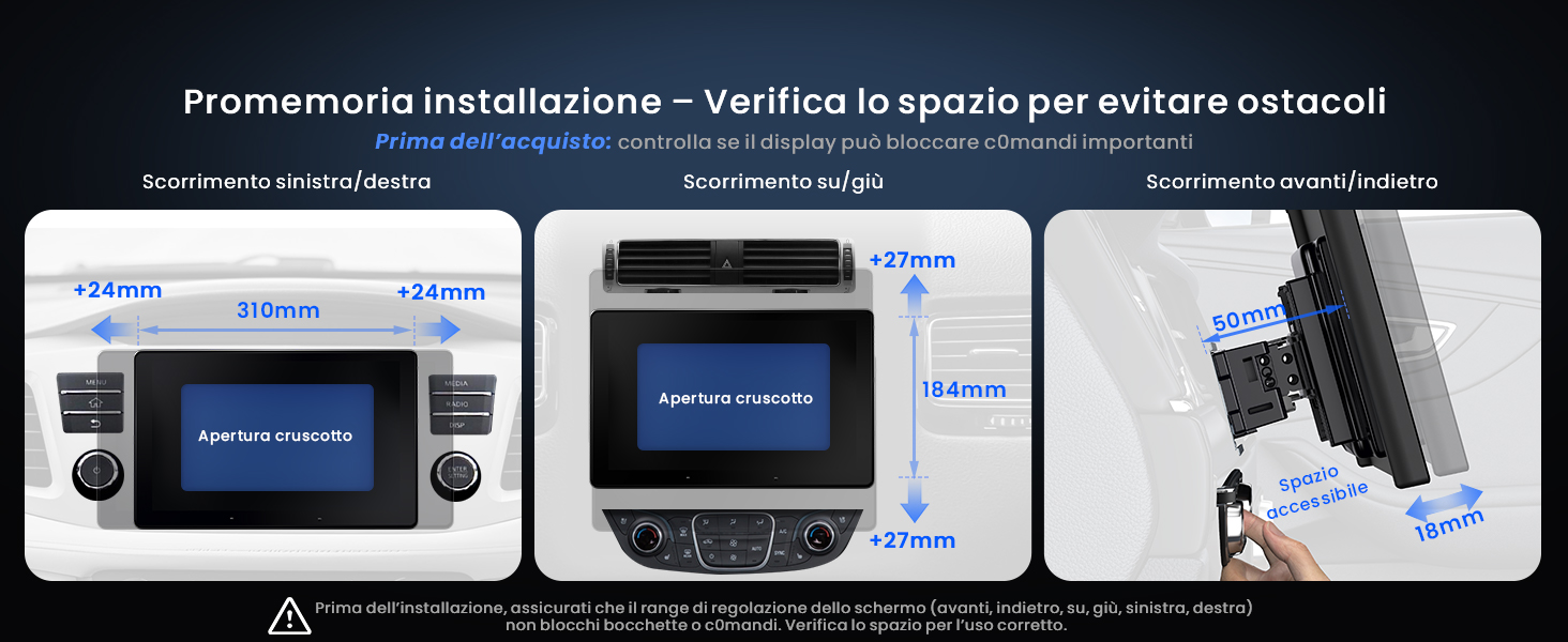 Il testo recita: 'Promemoria instruktions - Verifiko le spazio per evitare ostacoli'. Serie di schermate dell'interfaccia del dispositivo digitale che mostrano le fasi di configurazione o installazione.