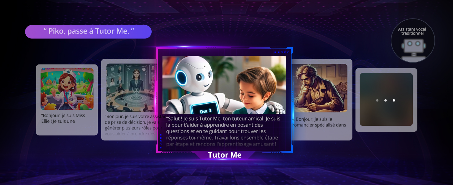 présentant une application éducative alimentée par l'IA. Le panneau central présente un robot humanoïde interagissant avec un enfant, entouré de petits panneaux proposant diverses activités d'apprentissage et d'une étiquette « Tutor Me »
