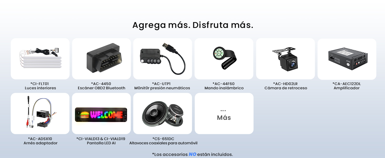 Varias vistas de productos que muestran dispositivos electrónicos y accesorios en un diseño de cuadrícula. Parecen ser especificaciones técnicas o una tabla de compatibilidad.