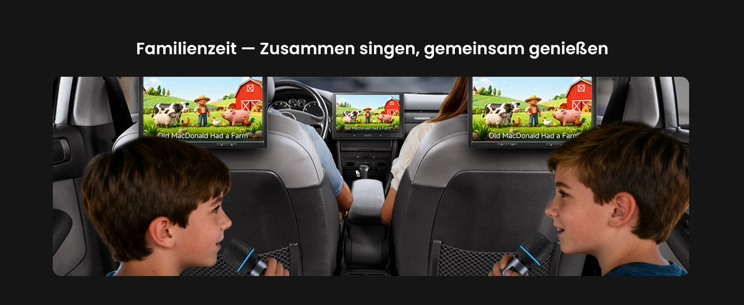 Der Text lautet „Familienzeit - Zusammen singen, gemeinsam genießen“. Bilderserie, die den Fahrzeuginnenraum mit Unterhaltungssystem und Rücksitzen zeigt.