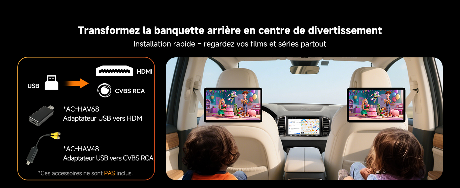 Le texte se lit comme suit : « Transférez la banquette arrière en centre de divertissement ». Série de schémas d'instructions illustrant les étapes d'installation du système de divertissement automobile.