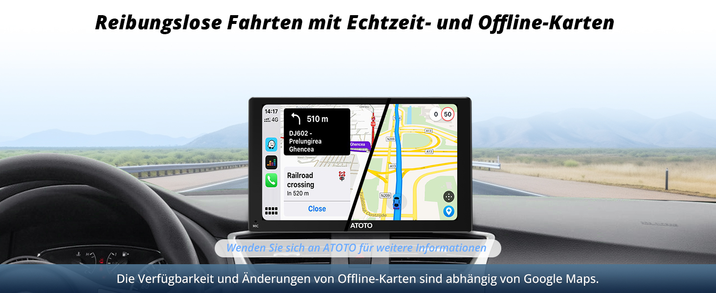 Armaturenbrett mit GPS-Gerät, das Navigationskarte und Routeninformationen anzeigt. Das Gerät zeigt Verkehrsdaten in Echtzeit und Offline-Kartenfunktionen an.