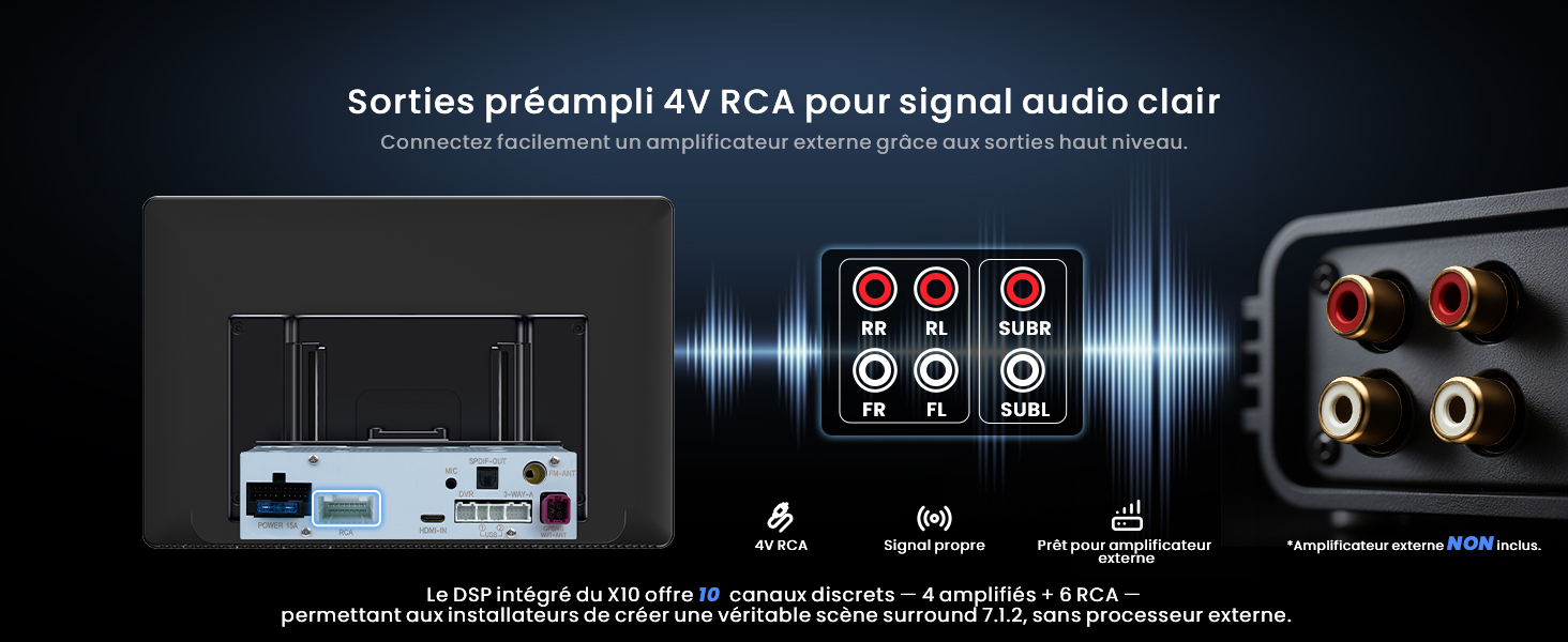Le texte se lit comme suit : « Sorties préampli et RCA pour signal audio clair ». Schéma technique montrant la configuration de la connexion audio avec des sorties RCA.
