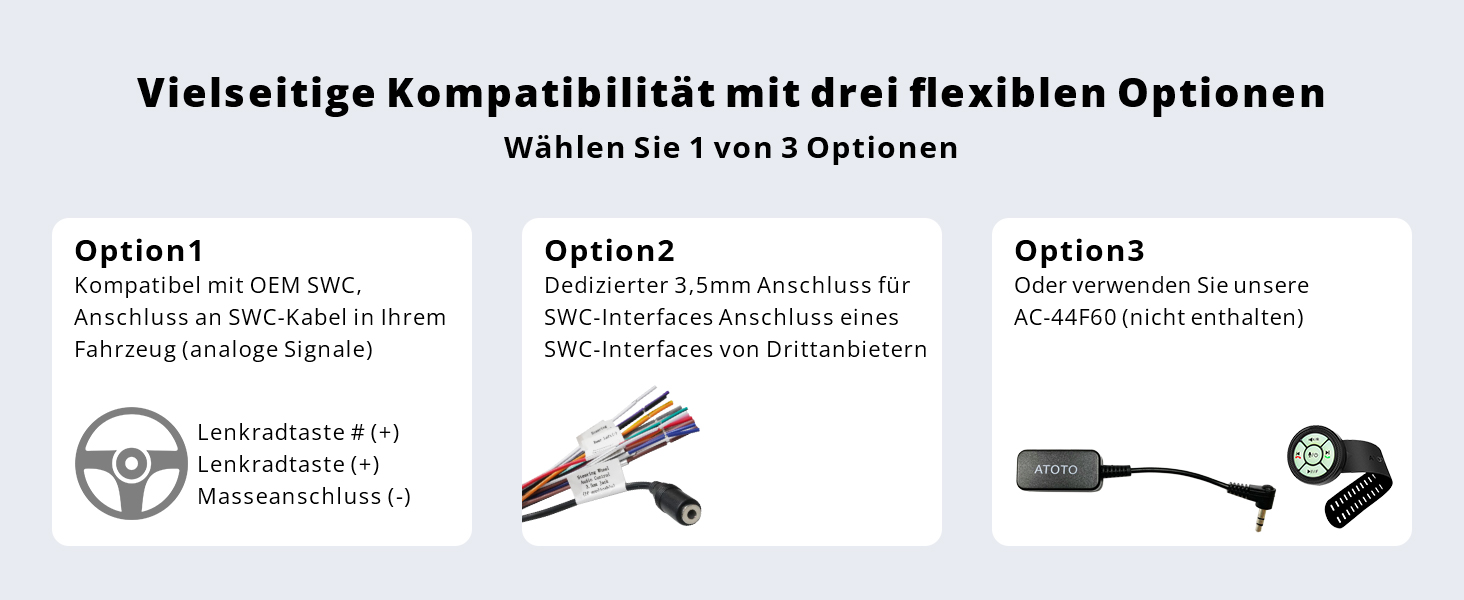 Technisches Diagramm mit verschiedenen Kabel- und Steckeroptionen mit mehreren Verbindungskonfigurationen und Adaptern in horizontaler Anordnung.