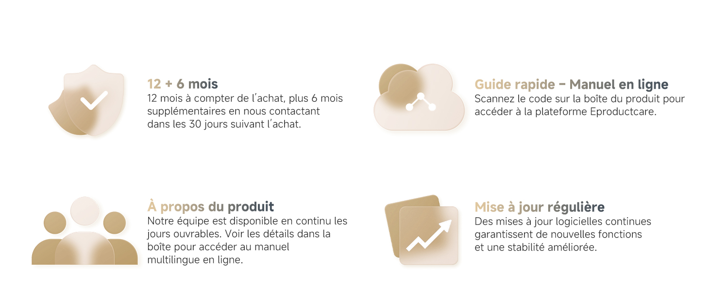 Schéma pédagogique montrant quatre icônes circulaires avec un texte en français expliquant les étapes d'utilisation du produit.
