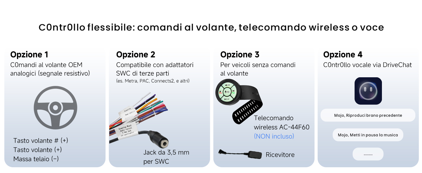 Il testo dice 'Controllo flessibile: comandi al volante, telecomando wireless e voce'. Quattro pannelli opzionali che mostrano i comandi al volante, il telecomando, i comandi vocali e le interfacce delle app mobili.