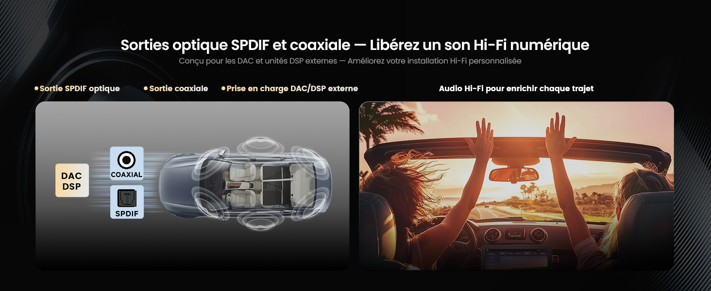 Le texte se lit comme suit : « Sorties optiques SPDIF et coaxiale - Usinez un son Hi-Fi numérique ». Interface du site Web présentant les options et les spécifications de sortie audio numérique.