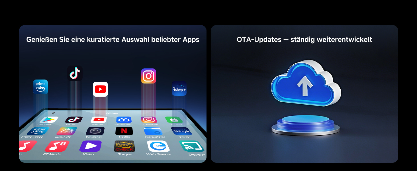 Digitale Geräteschnittstelle mit App-Symbolen und Cloud-Speichersymbol vor dunklem Hintergrund mit blauer Beleuchtung.
