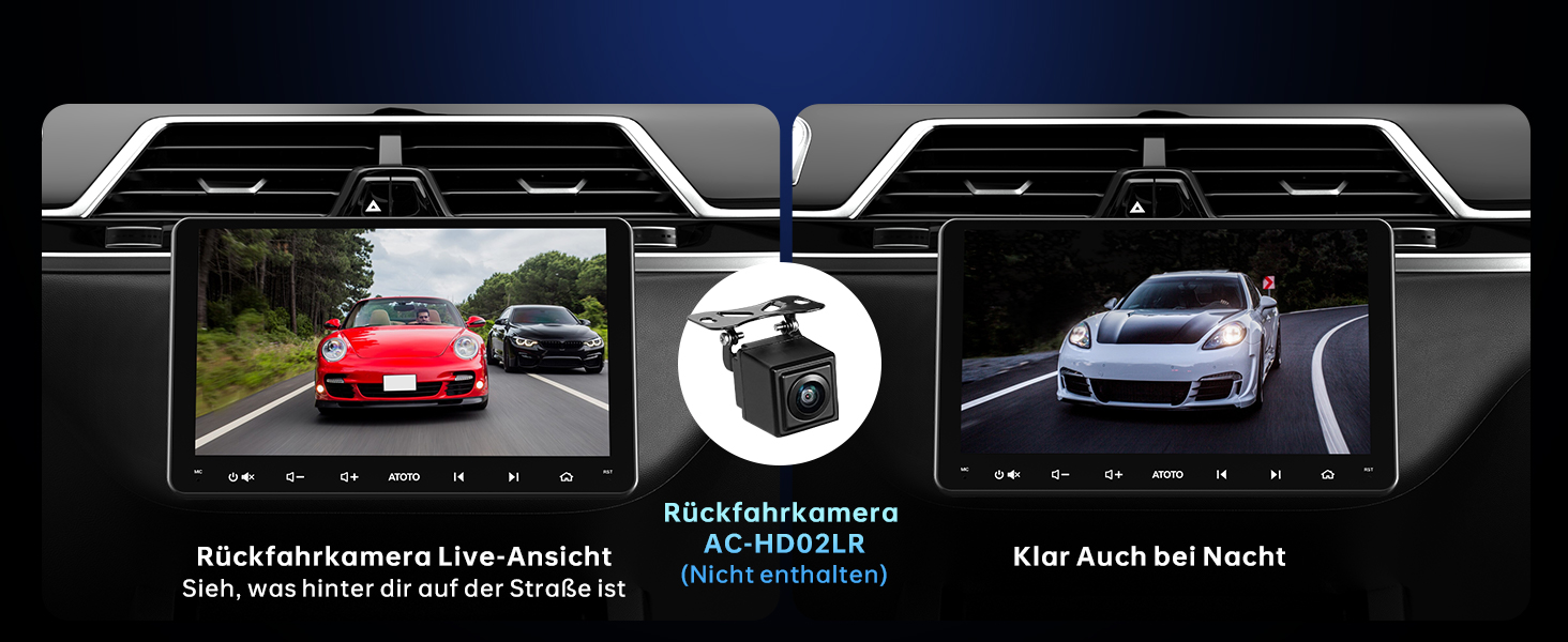 Der Text lautet „Rückfahrkamera Live-Ansicht“. Eine Reihe von Ansichten der Rückfahrkamera des Fahrzeugs, die die Einparkhilfe mit Hilfslinien und Nachtsichtfunktion zeigen.
