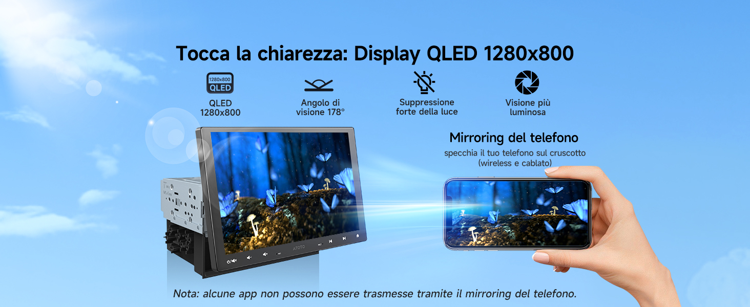 Il testo dice 'Tocca la chiarezza: Display OLED 1280x800'. Dimostrazione dell'interfaccia del prodotto con icone e funzionalità di visualizzazione dello schermo.
