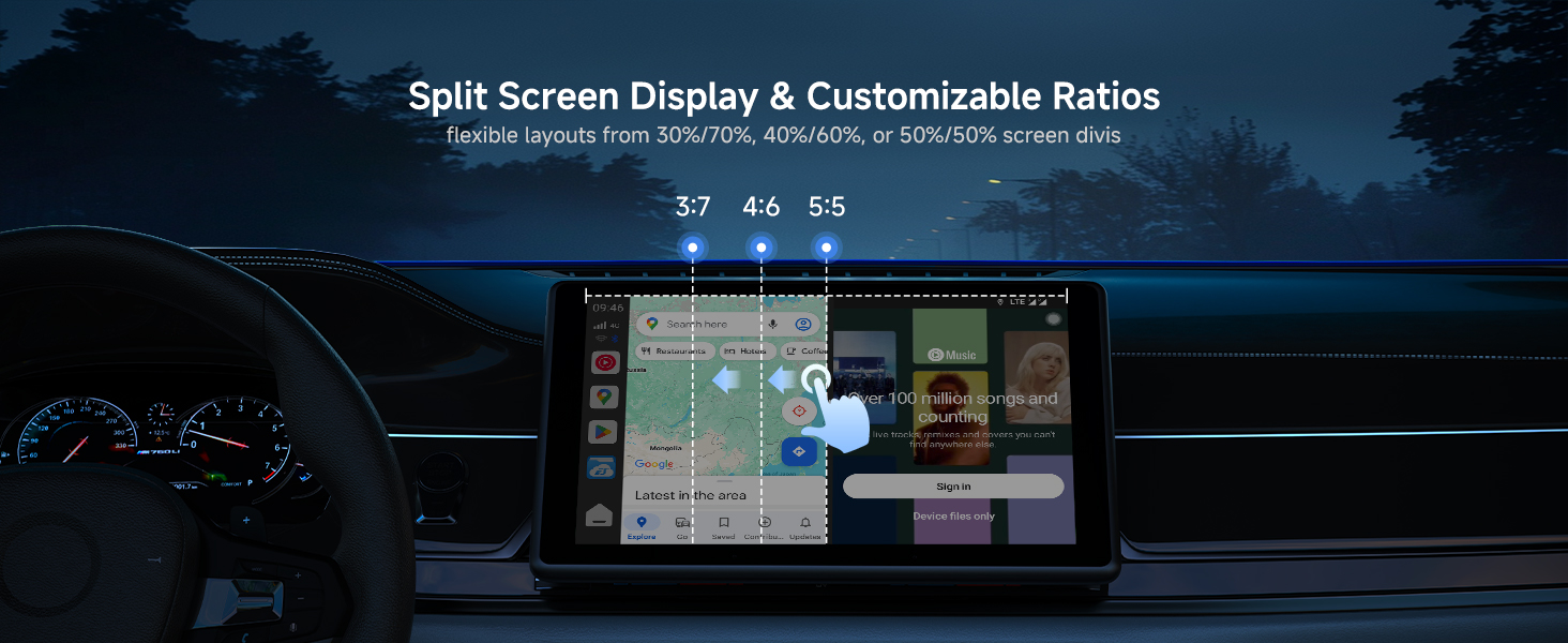 Text reads 'Split Screen Display & Customizable Ratios'. Vehicle dashboard display showing multiple screens with navigation and instrument panels in a nighttime setting.